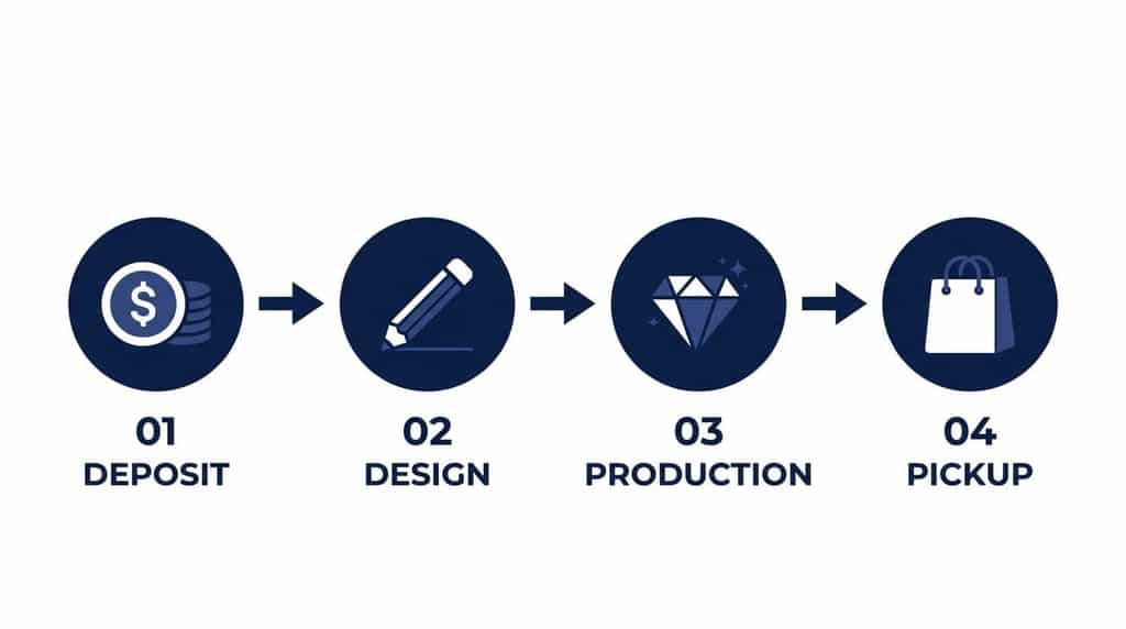 Flow diagram of a custom jewelry order from deposit to pickup.