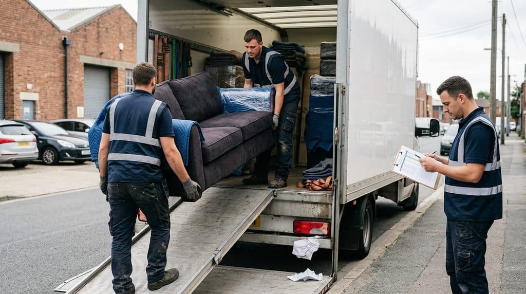 Furniture delivery team loading a truck with a delivery schedule visible on a tablet