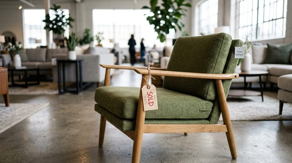 Furniture floor sample with a sold tag in a showroom