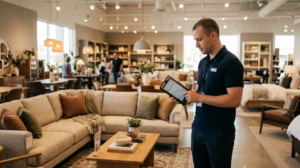 Furniture showroom with a sales associate checking inventory on a tablet