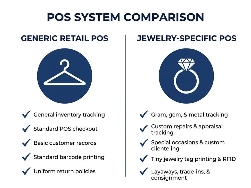 Comparison table graphic: generic retail POS versus jewelry-specific POS features.