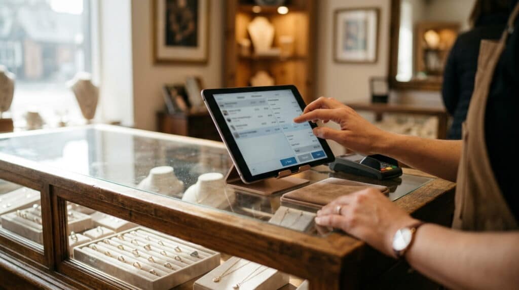 Jeweler using a POS tablet at a jewelry store display counter