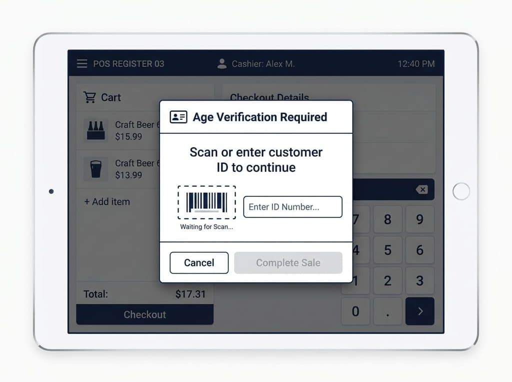Age-verification prompt blocking checkout on a POS screen for a nicotine product sale