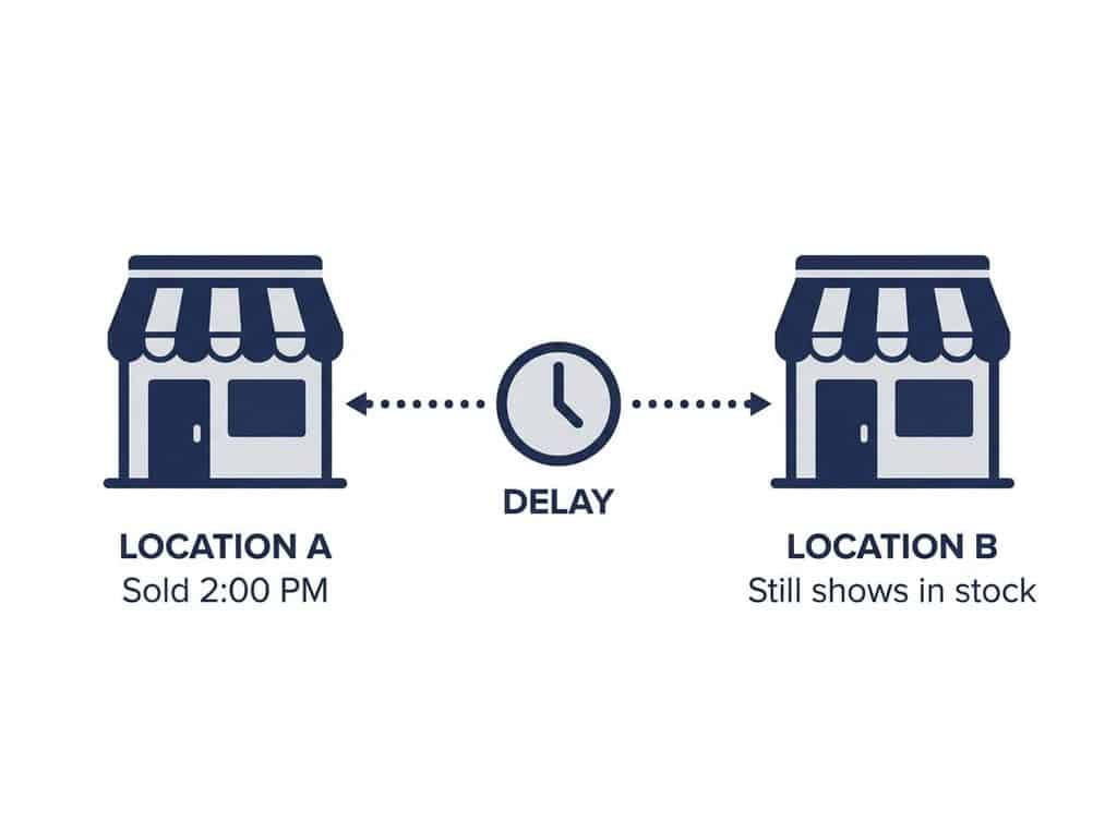 Diagram showing inventory sync delay between two jewelry store locations