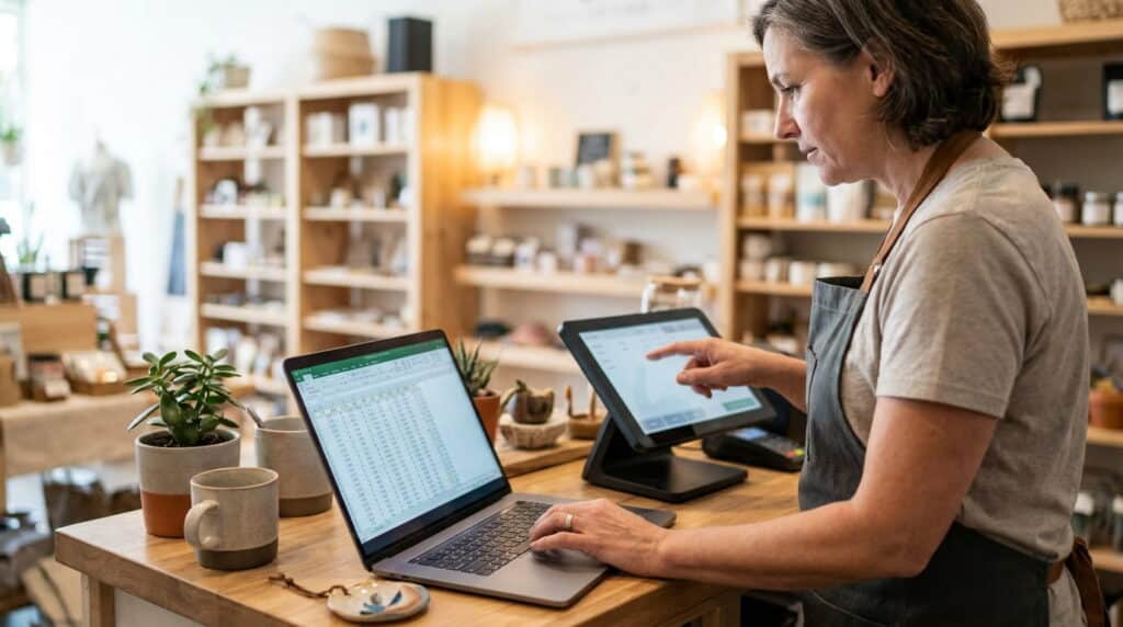 Retail owner manually reconciling a spreadsheet against their POS system at checkout