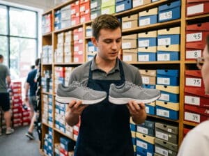 A shoe store employee comparing two different shoe widths of the same size