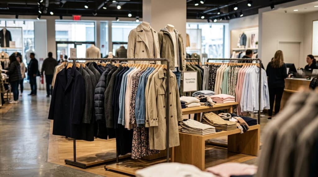 Retail store floor showing winter coats and spring apparel displayed together.