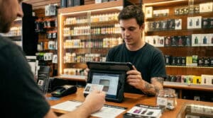 Vape shop employee scanning a customer’s ID at checkout on a tablet POS